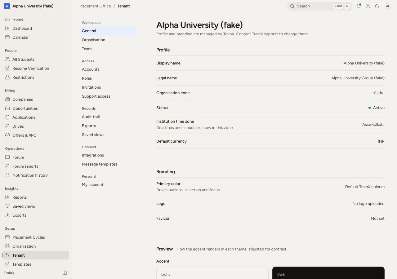 Tenant settings screen for institution profile and branding